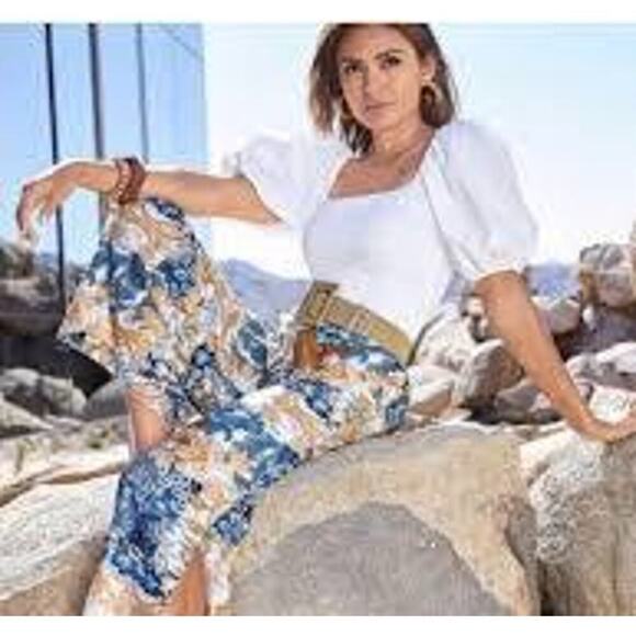 Boston Proper Patchwork Wide Leg Pants Linen 4 Arizona Paisley Floral Side Slits - Picture 3 of 13